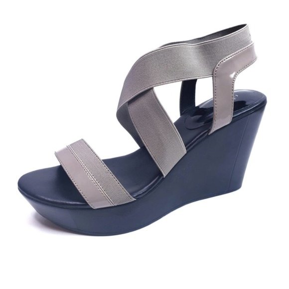Charles David Taupe Black Wedge Heel Sandals Sz 6 - Picture 1 of 1
